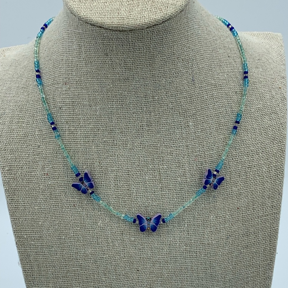 Blue beaded butterfly necklace
